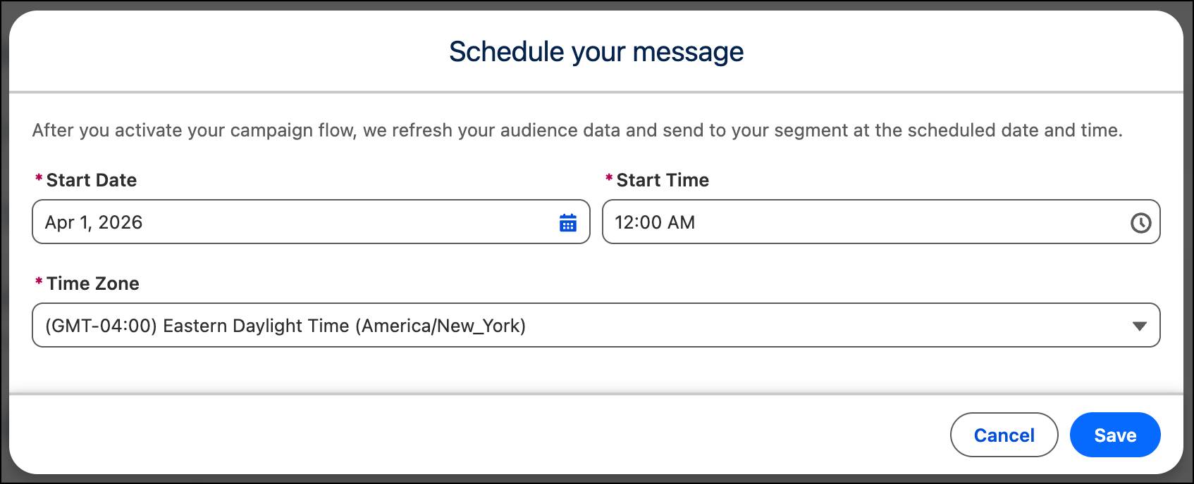 The Schedule your message window where you set the schedule for the audience entry to the flow.