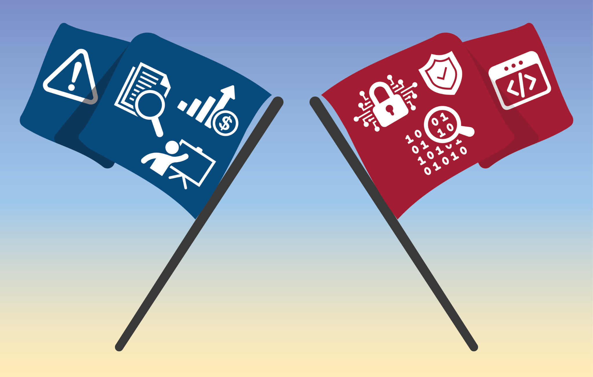 Two flags demonstrating the nontechnical and technical aspects of Capture the Flag competitions. One flag includes symbols of nontechnical cybersecurity (policy, risk assessment, training, budget) and the other includes technical symbols (code, binary, locks)