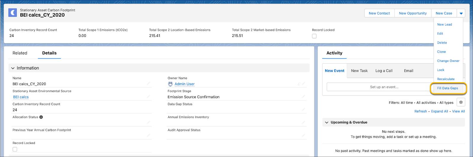 The Fill Data Gaps menu option selected from a carbon footprint record.