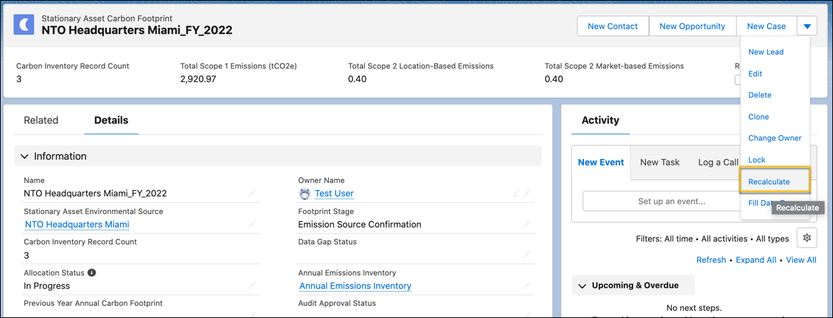 The Recalculate quick action on a Stationary Asset Carbon Footprint record.