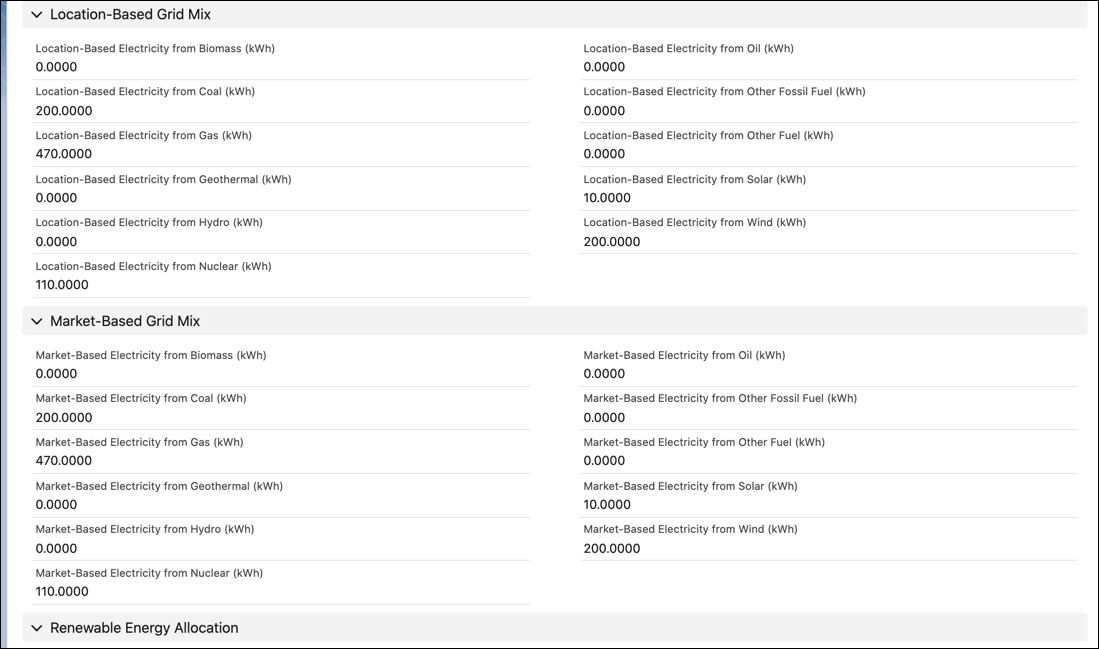 Location-based and market-based grid mix information on a stationary asset energy use record.