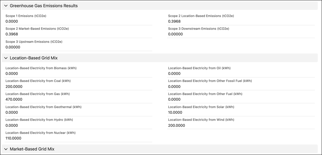 Greenhouse gas emissions results and grid mix data on a stationary asset energy use record for electricity.