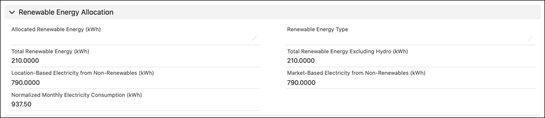 Renewable energy information on a stationary asset energy use record.
