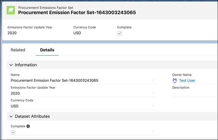 A Procurement Emissions Factor Set record that’s marked Complete because the procurement spending data has been matched with the GHG categories.