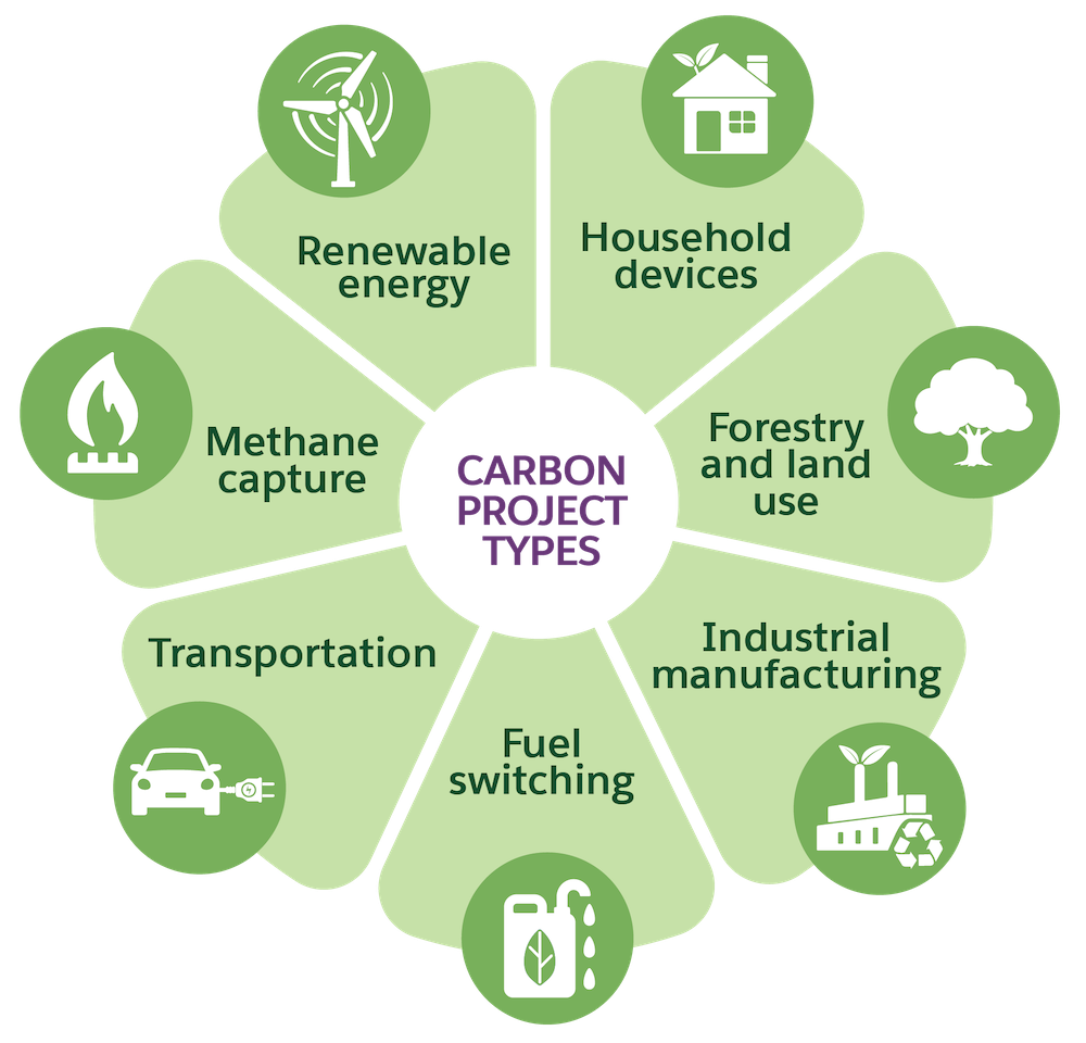 Carbon project types: forestry and land use, fuel switching, household devices, industrial manufacturing, renewable energy, methane capture, and transportation