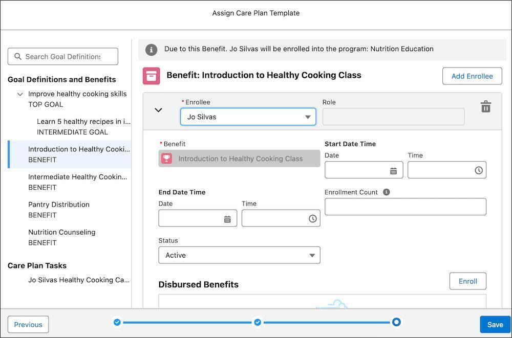 Goal definitions, benefits, and tasks appear in the final step of the Assign Care Plan Template flow.
