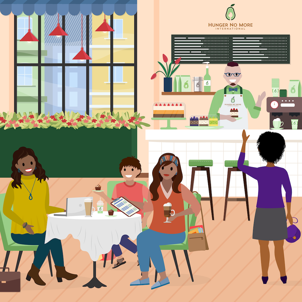 Jo and her son meet with an HNMI case manager at a cafe.