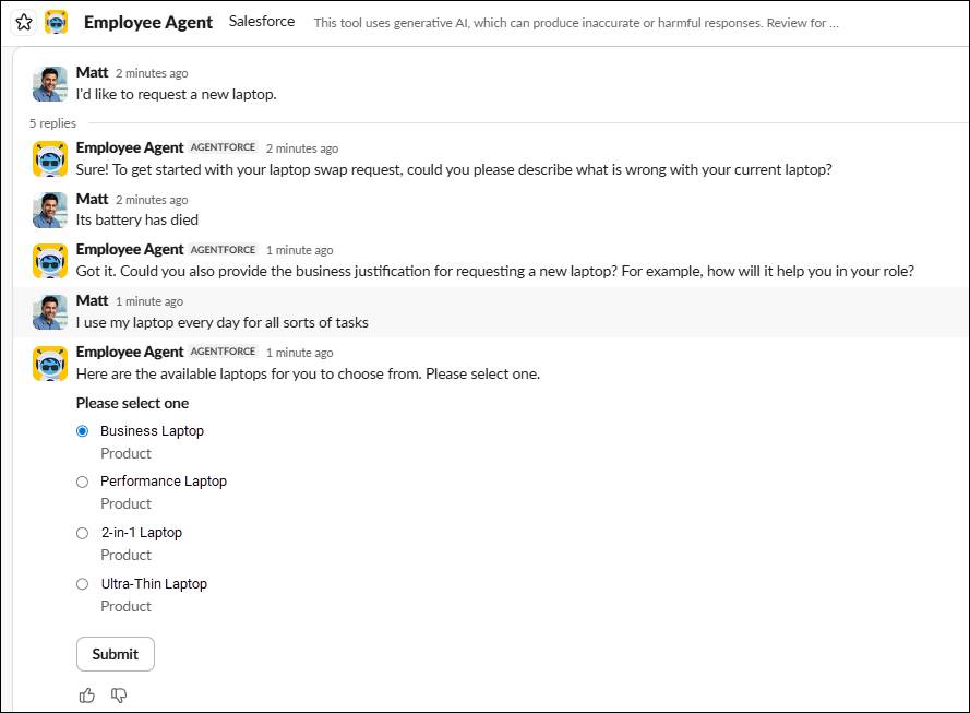 Slack conversation with Employee Agent.