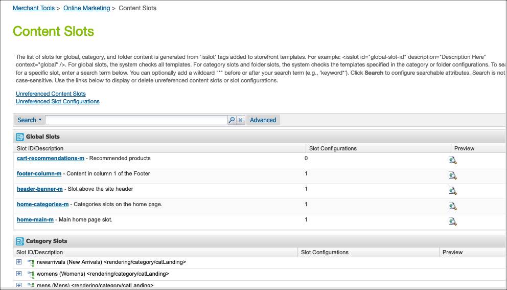Business Manager Content Slots page.
