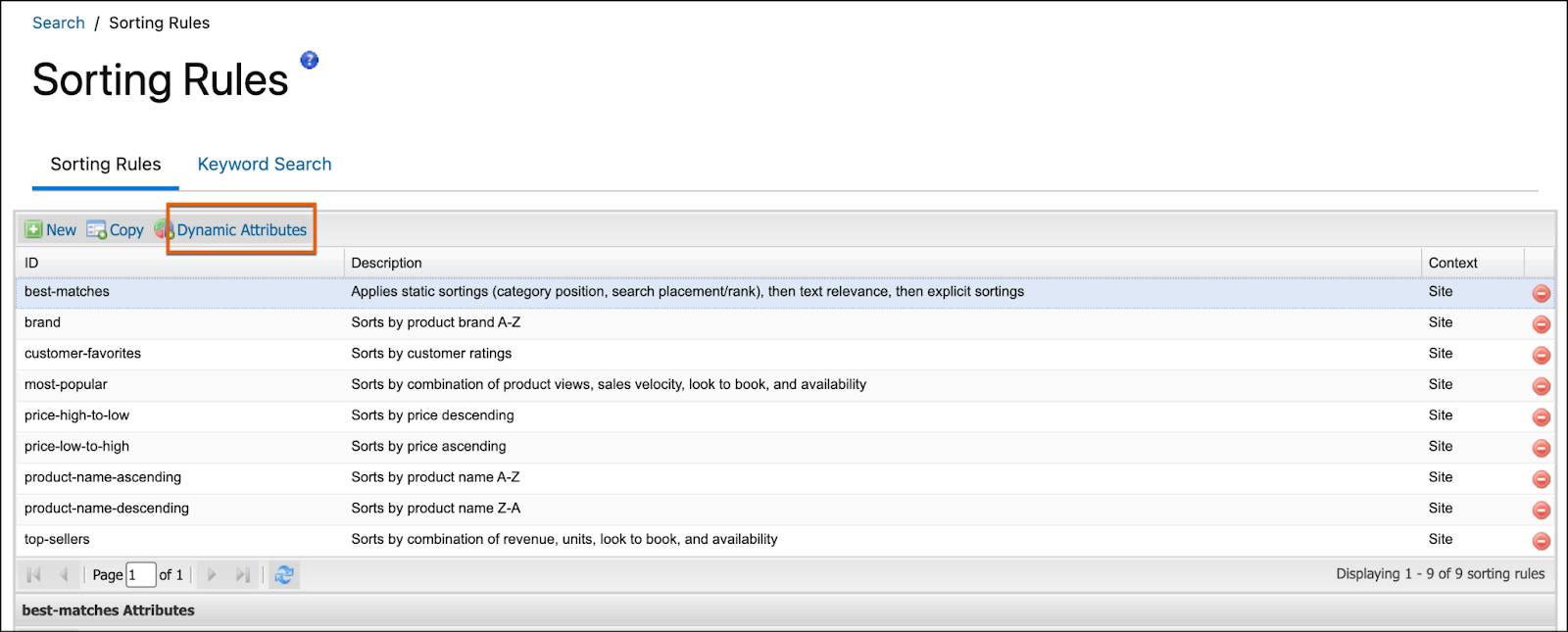 Business Manager - [Sorting Rules (並べ替えルール)] - [Dynamic Attributes (動的属性)] ボタンをクリック。
