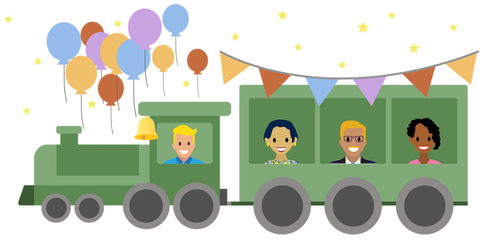 ラウンジカーでプロジェクトチームが Go-Live を祝っています。