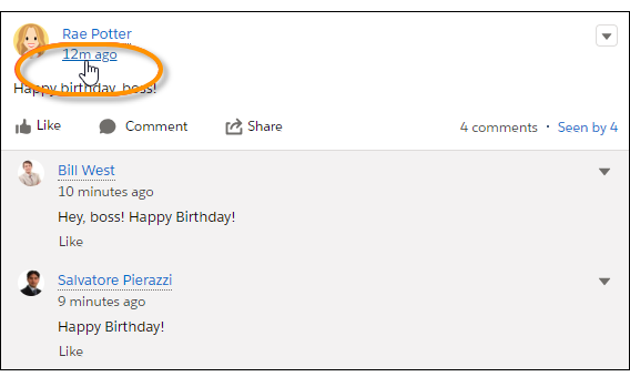 A post's date-and-time stamp