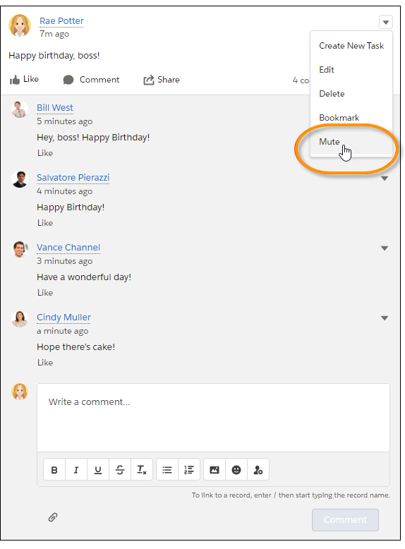 アクションメニューの [Mute (ミュート)] 選択が強調表示された Chatter 投稿