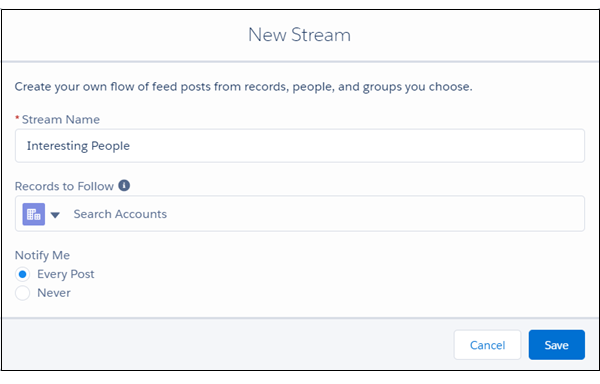 New Stream dialog