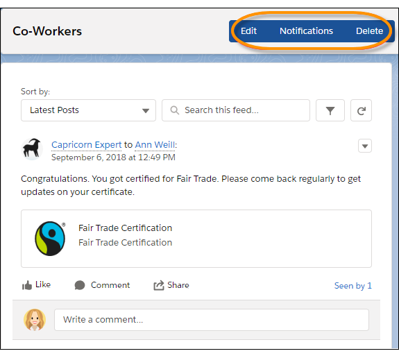 [Edit (編集)]、[Notifications (通知)]、[Delete (削除)] のアクションボタンが表示されたストリームページ