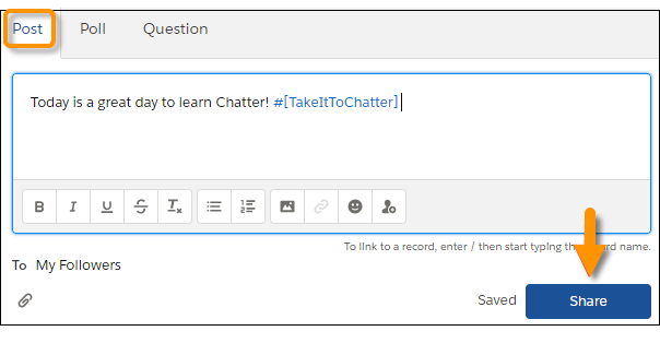 A Chatter post showing a message and tag and highlighting the Share button