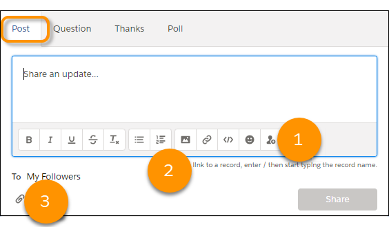 The Chatter publisher options, highlighting the rich text editor, link to records feature, and attachment icon