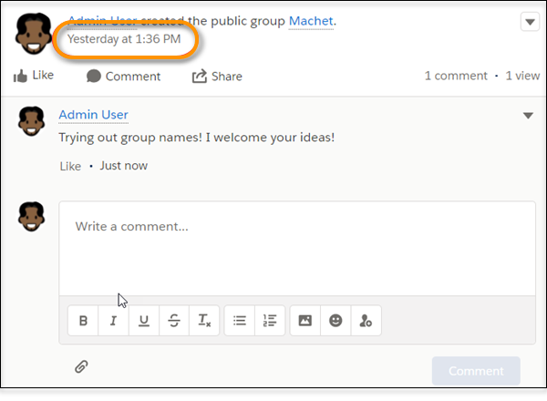 Publicación de Chatter en la que se resalta la marca de fecha y hora de la publicación