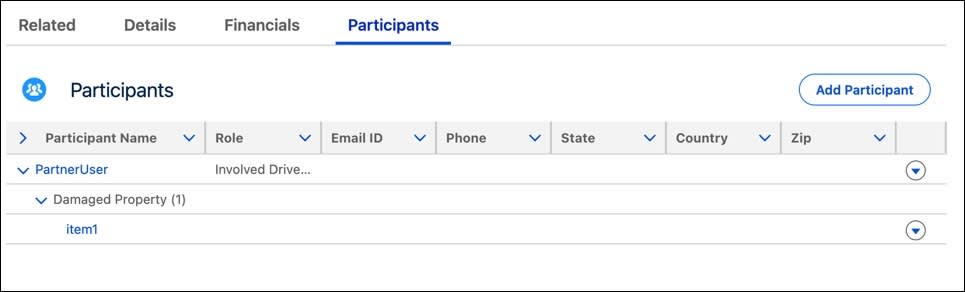 The Participants LWC with a single participant and claim item.
