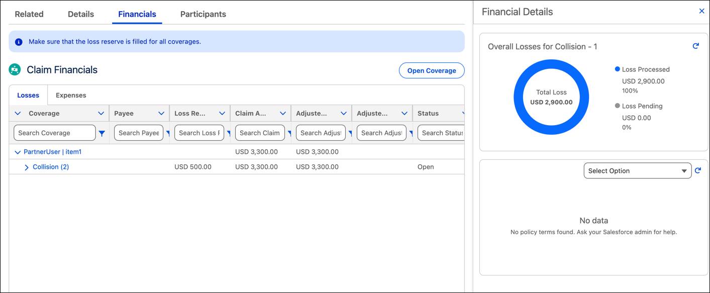 The Claim Financials tab showing a grid grouped by coverage with loss and expense items.