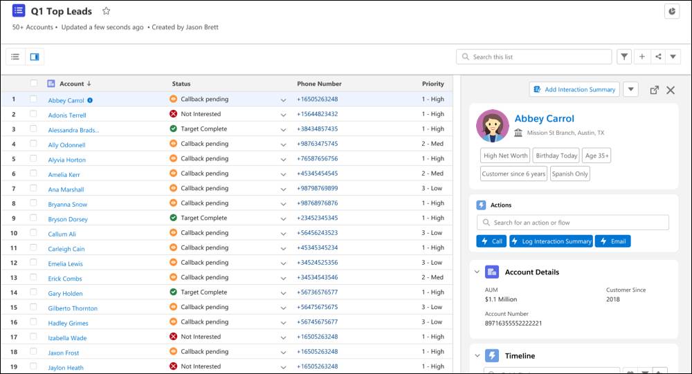 The list of accounts includes status, phone number, priority, and details about the selected account.