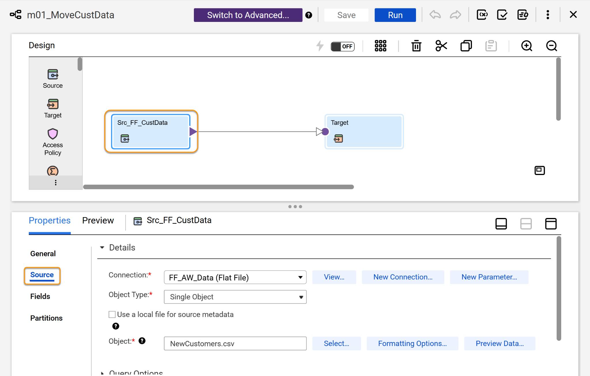 Mapping Source Configuration showing the Flat File connection and NewCustomers.csv source object.