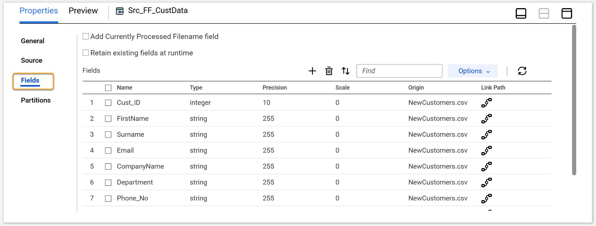 Source Transformation Fields tab showing all customer fields in the CSV file.
