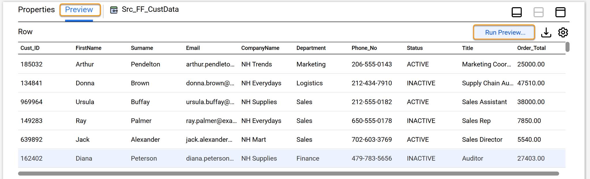 Transformation Preview Data tab showing customer and company name and contact information.