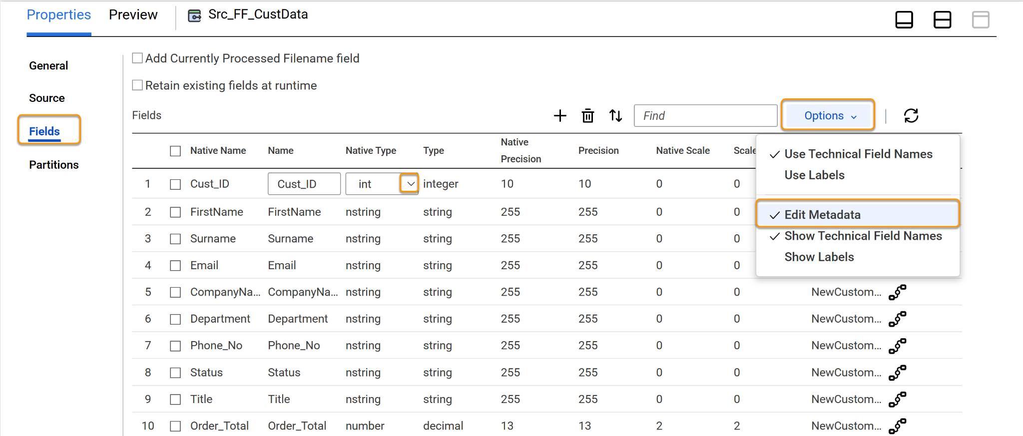 Edit Metadata in Source Transformation Properties showing Cust_ID being updated from string to int.