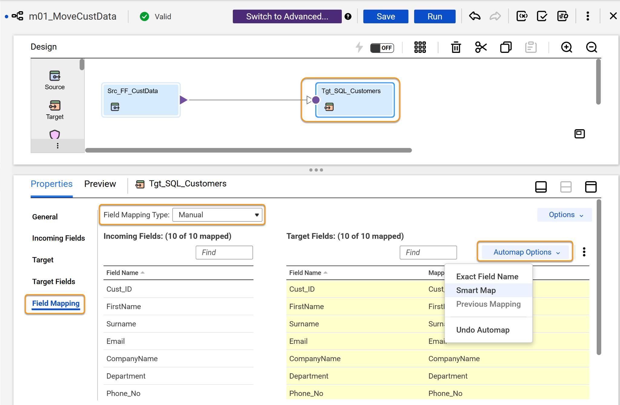 Connecting Source Fields to Target Fields using Automap Options.