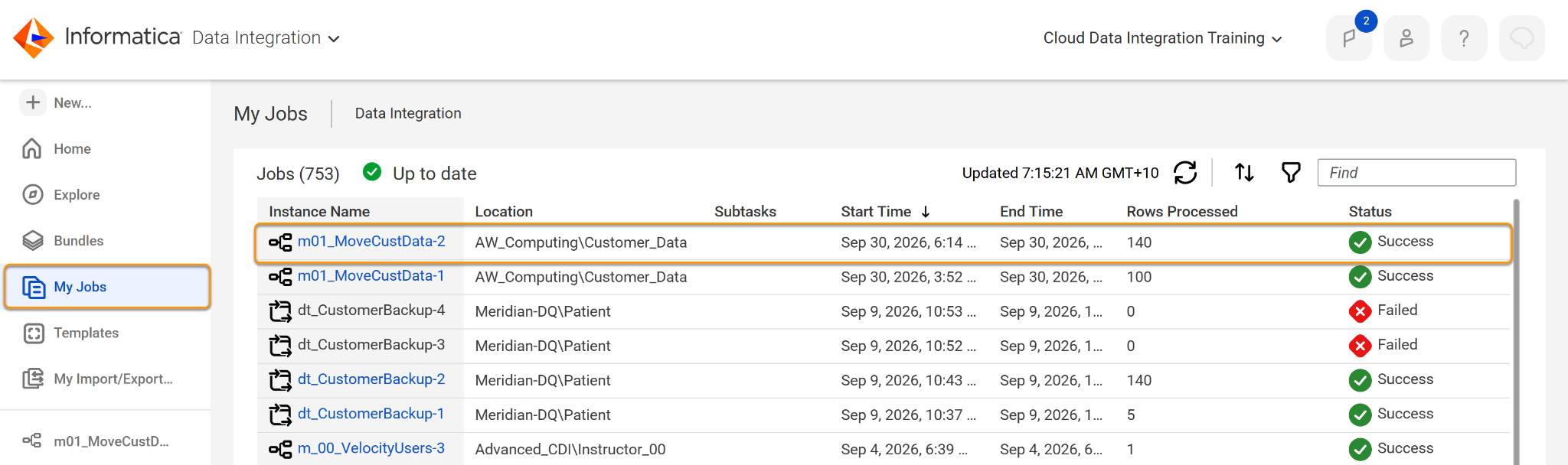 My Jobs Status List showing the status of all of the jobs that Cassie has run, the start and end time and any subtasks.