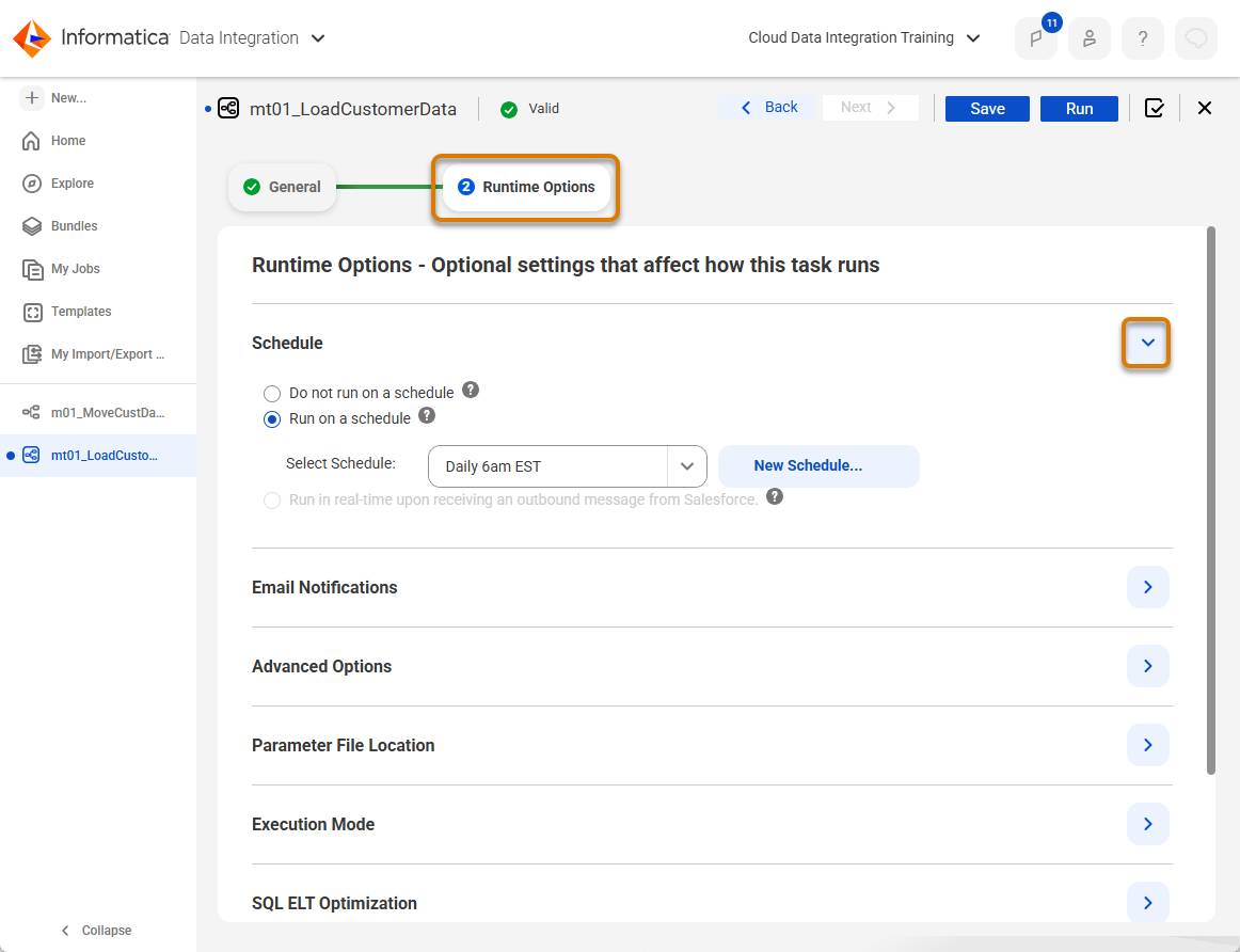 Runtime Options that can be configured including Schedule, Email Notifications, Advanced Options, Parameter File Location and more.