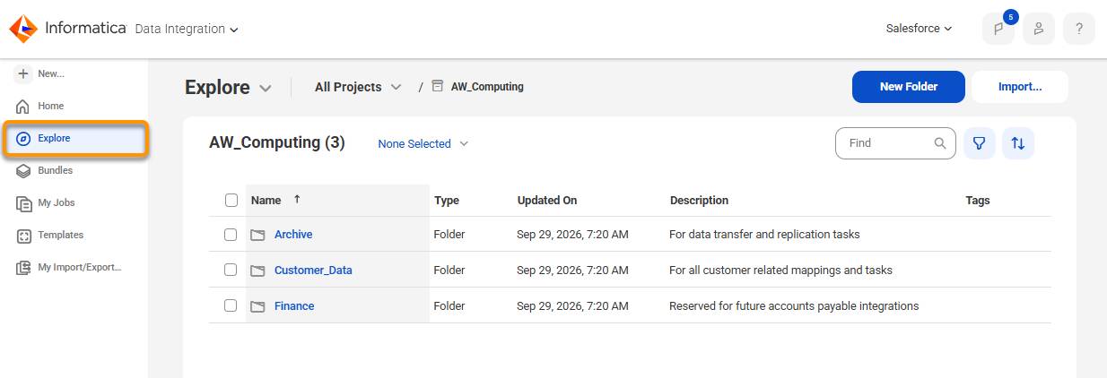 The Data Integration Explore tab showing the AW_Computing project with Finance, Archive, and Customer_Data subfolders.