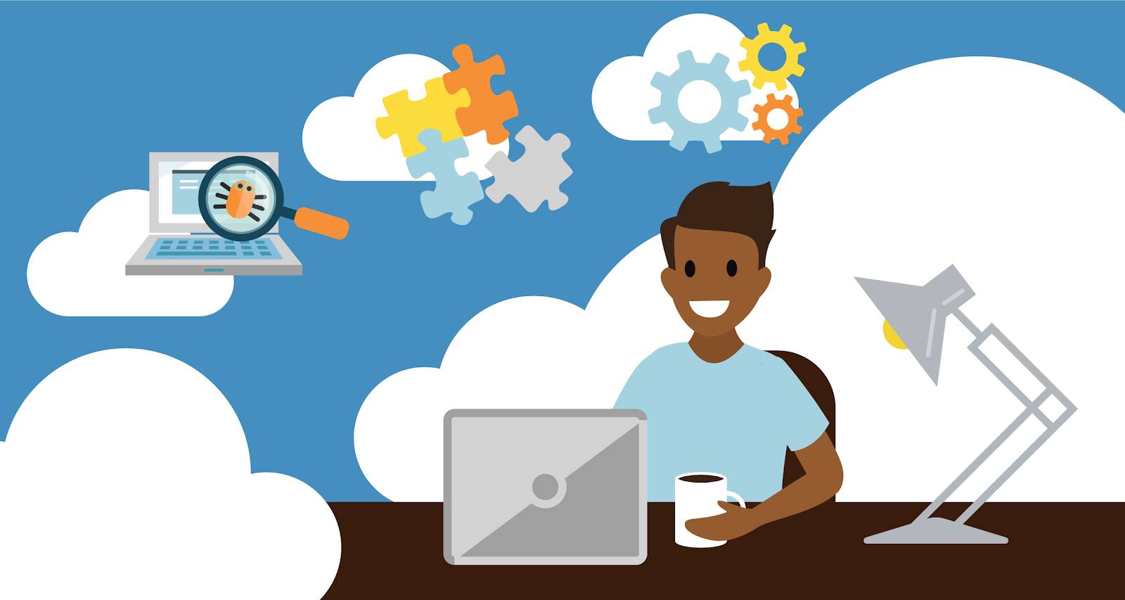Un ingénieur en sécurité Cloud est assis sur un nuage et travaille sur un ordinateur portable. Il réfléchit à ses responsabilités en matière d’identification des menaces, d’intégration des systèmes et d’implémentation des contrôles de sécurité.