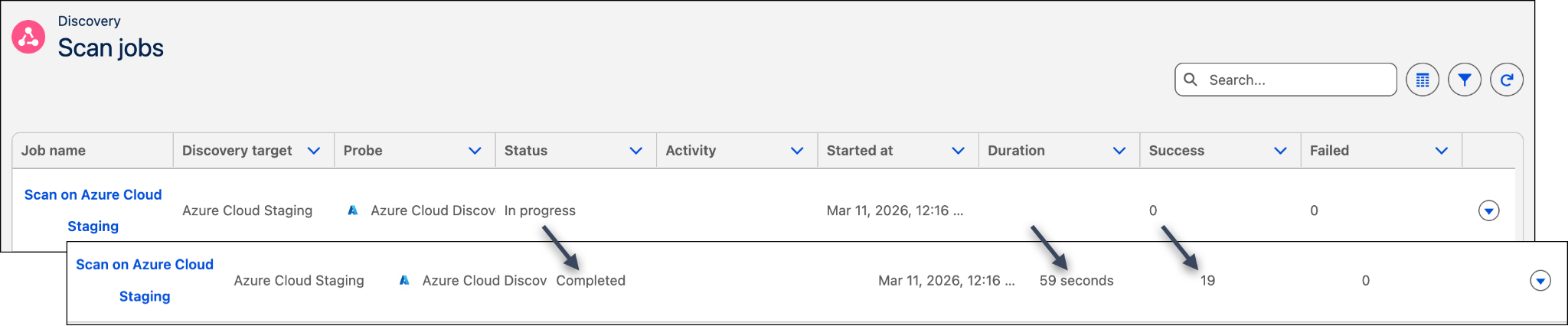 Discovery Scan running on staging infrastructure on MS Azure.