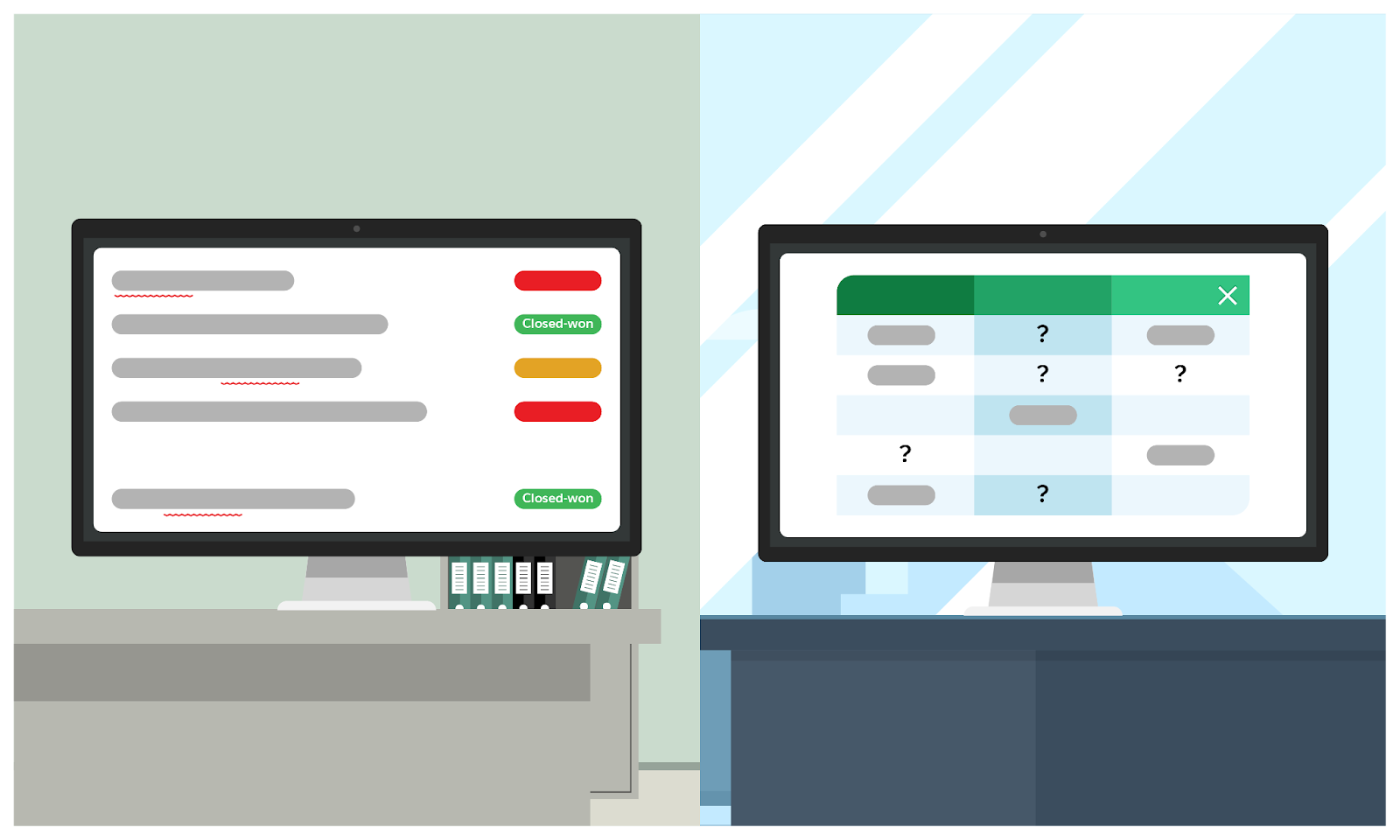 Two computer screens showing failed sales closures and irregularities in spreadsheet data.