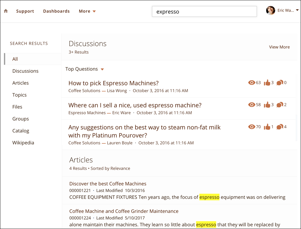 La page des résultats de recherche qui montre le terme de recherche ‘expresso’ et des résultats pour ‘espresso’