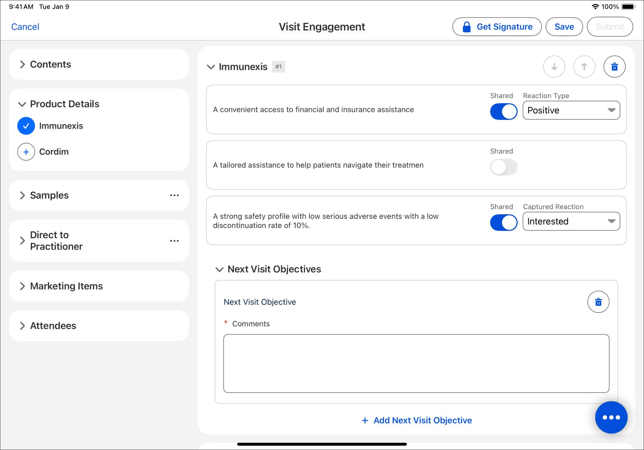 Visit Engagement screen with Immunexis Messages listed along with a reaction type for each.