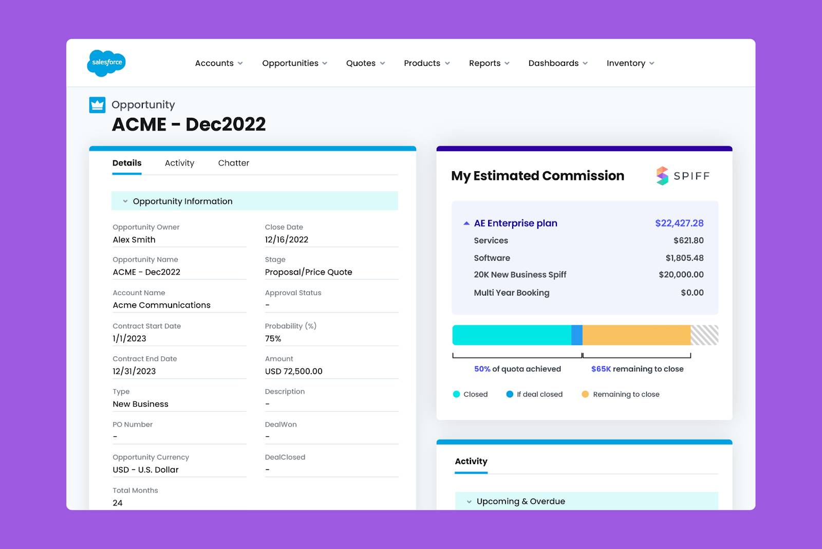 Une page Salesforce indique à un commercial une estimation de sa commission sur une opportunité.