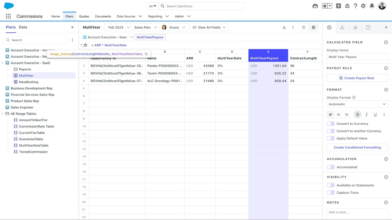 La vue de conception des plans sur Salesforce Spiff présente différentes structures de commission et des garde-fous pour les données.