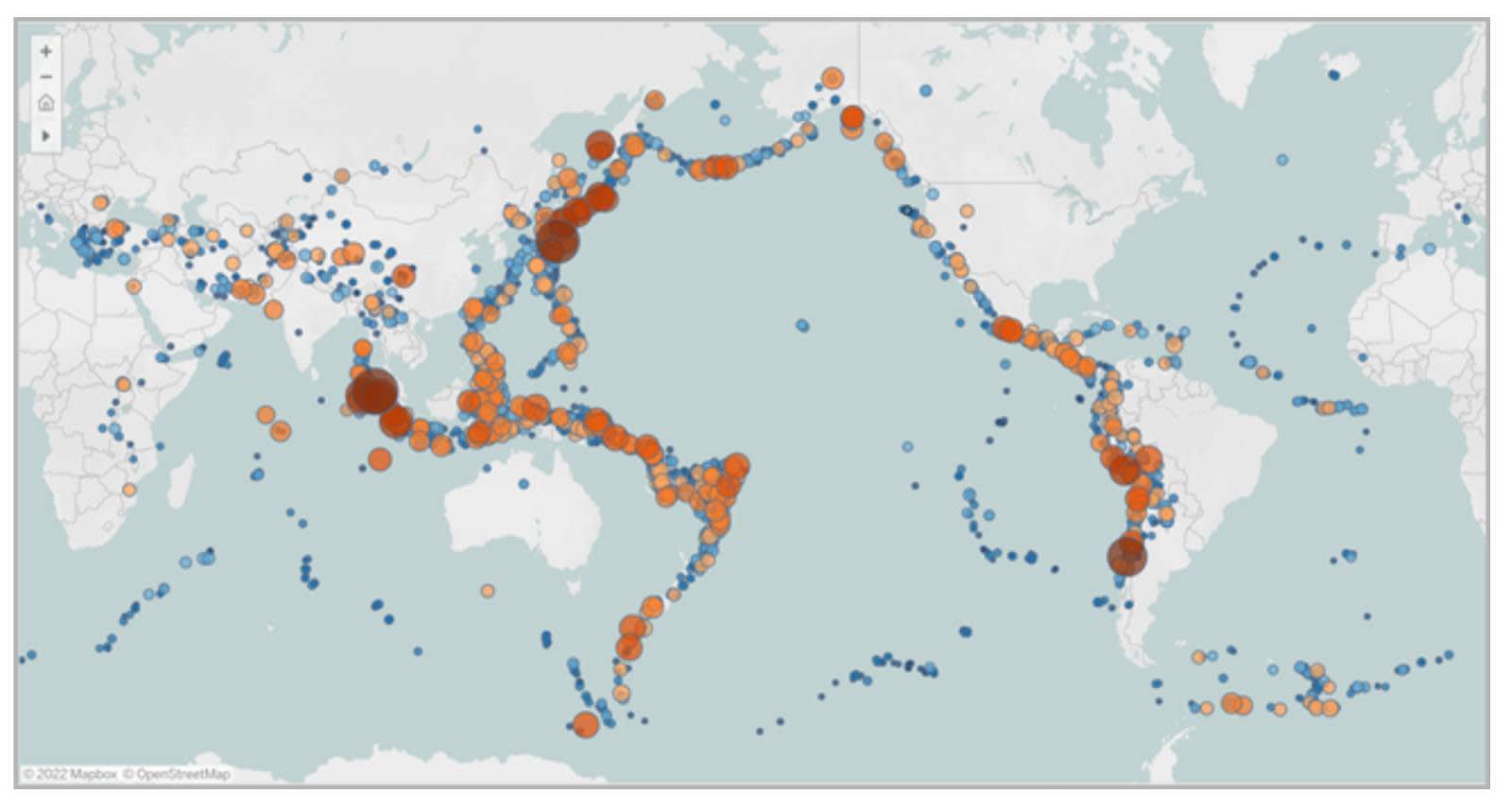 Mapa de símbolos que usa tamaños y colores para mostrar la magnitud individual de los terremotos que tuvieron lugar entre 1981 y 2013.