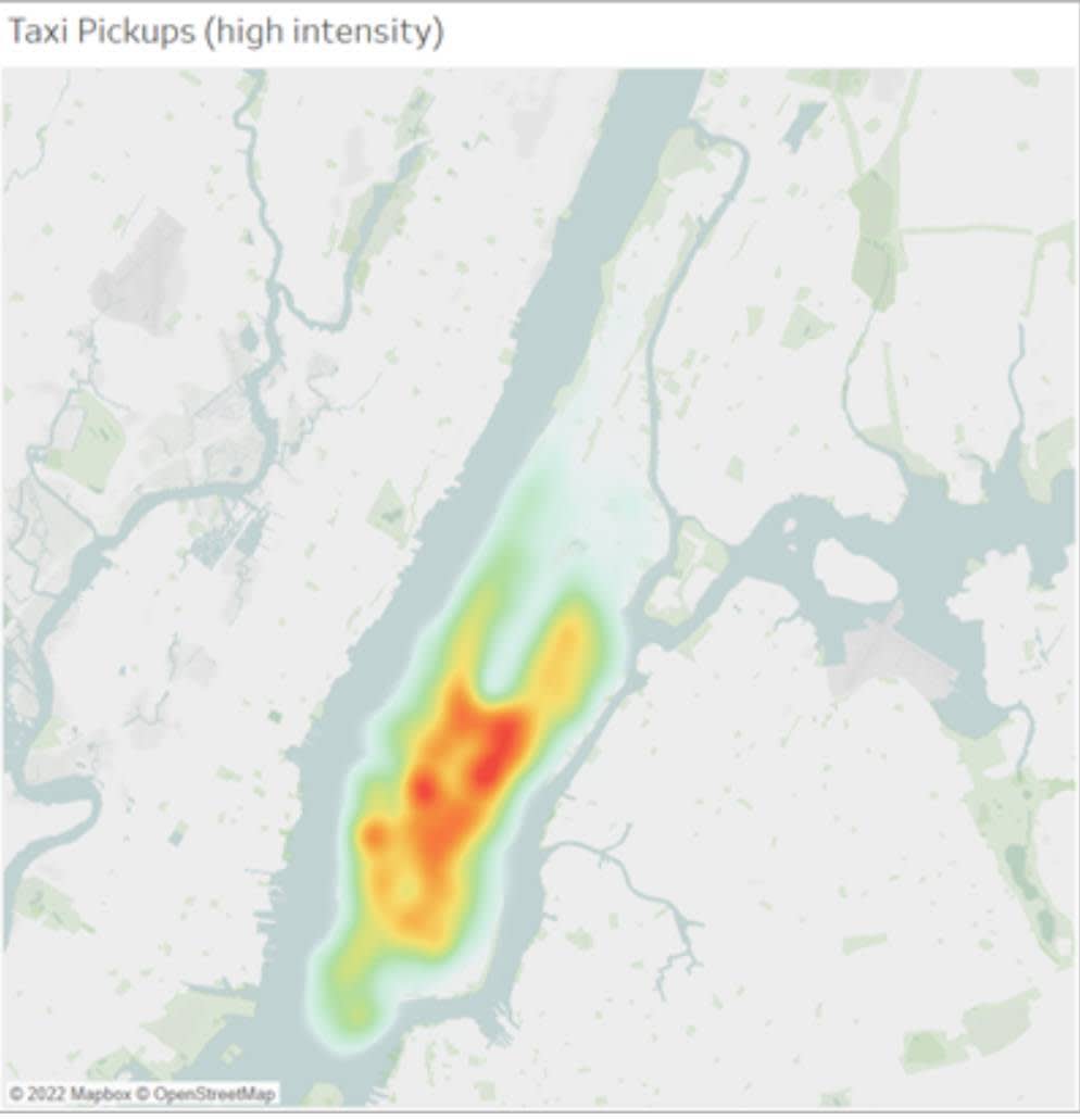 Mapa de densidade mostrando pontos de aluguel de veículos em Manhattan, Nova Iorque.