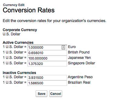 有効な通貨と無効な通貨の換算レートのリスト