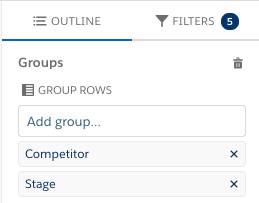 Groups section of the Lightning Report Builder, showing groups for Competitor and Stage