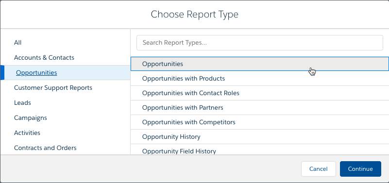 Lightning Report Builder Report Type Selection window, with Opportunities selected