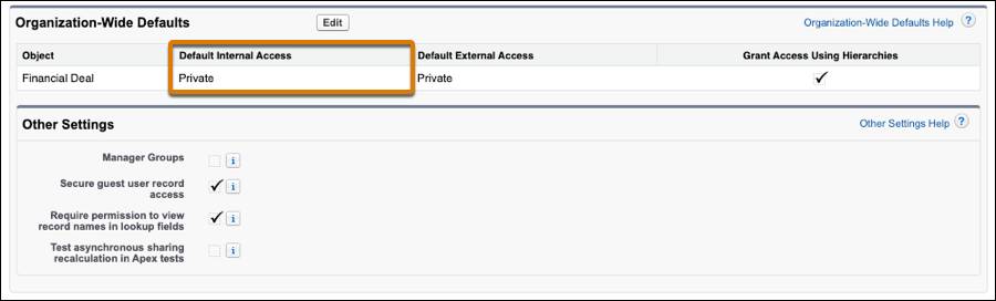 The Default Internal Access set to Private in Organization-Wide Defaults for the Financial Deal Object.