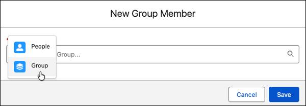 New Group Member window with Group option selected.