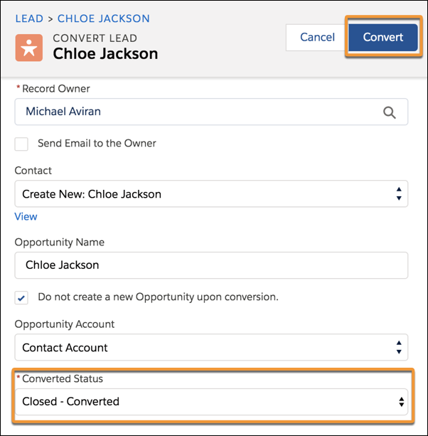 Converting a lead into a contact.