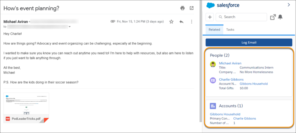 Salesforce レコードにアクセス可能な Gmail の受信トレイ