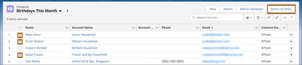 Selected contacts in a list view with the Send List Email button